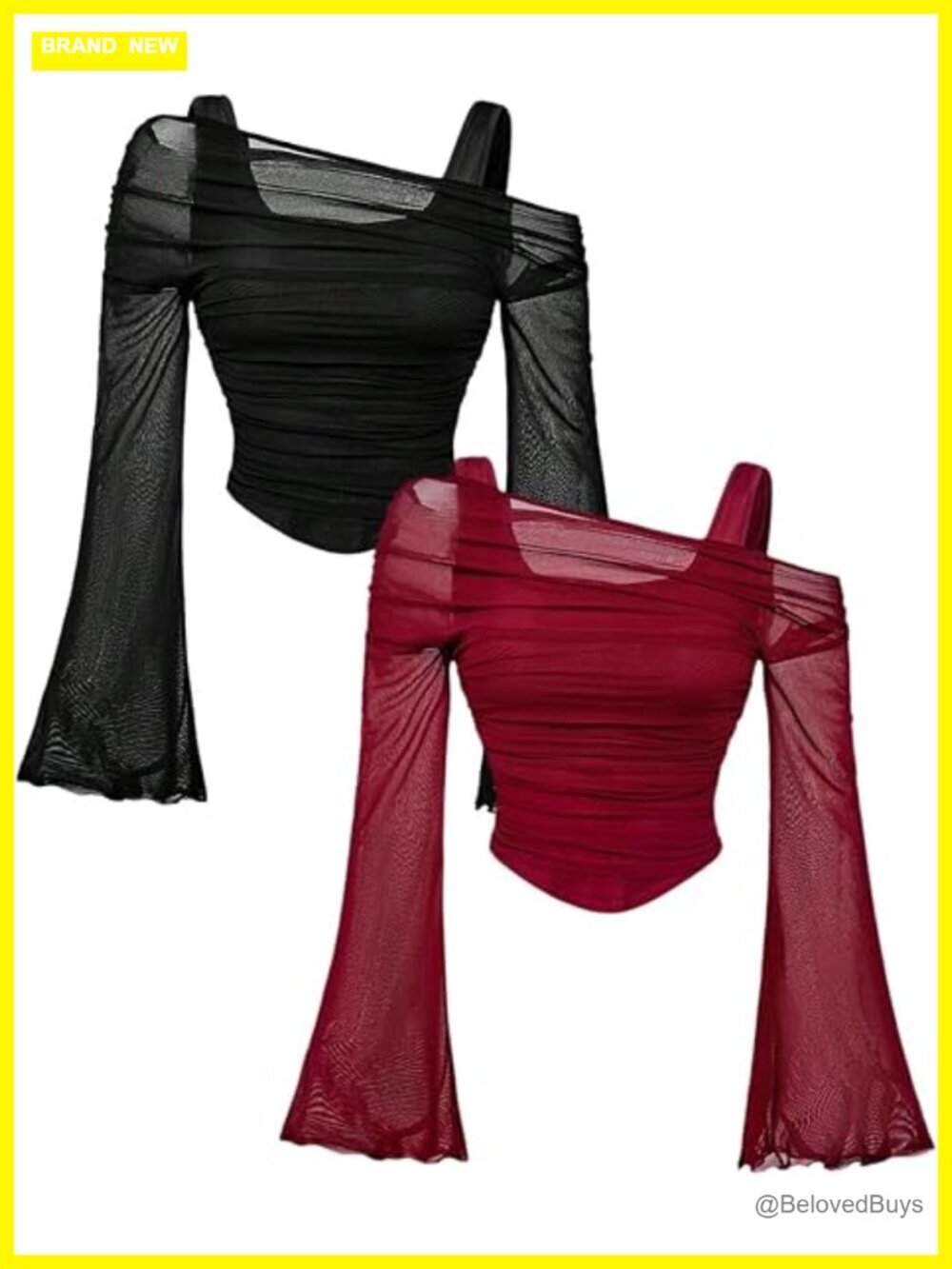 2 Pack Long Bell Sleeve Off Shoulder Mesh Crop Tops - Ruched & Fitted